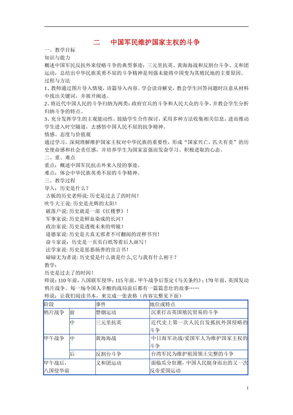 高中历史 专题二 近代中国维护国家主权的斗争第2节《中国军民维护国家主权的斗争》参考教案1 人民版必修1_第1页