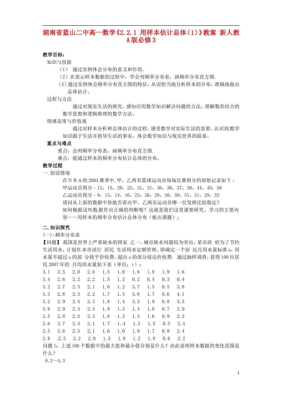 湖南省蓝山二中高中数学《2.2.1 用样本估计总体（1）》教案 新人教A版必修3_第1页