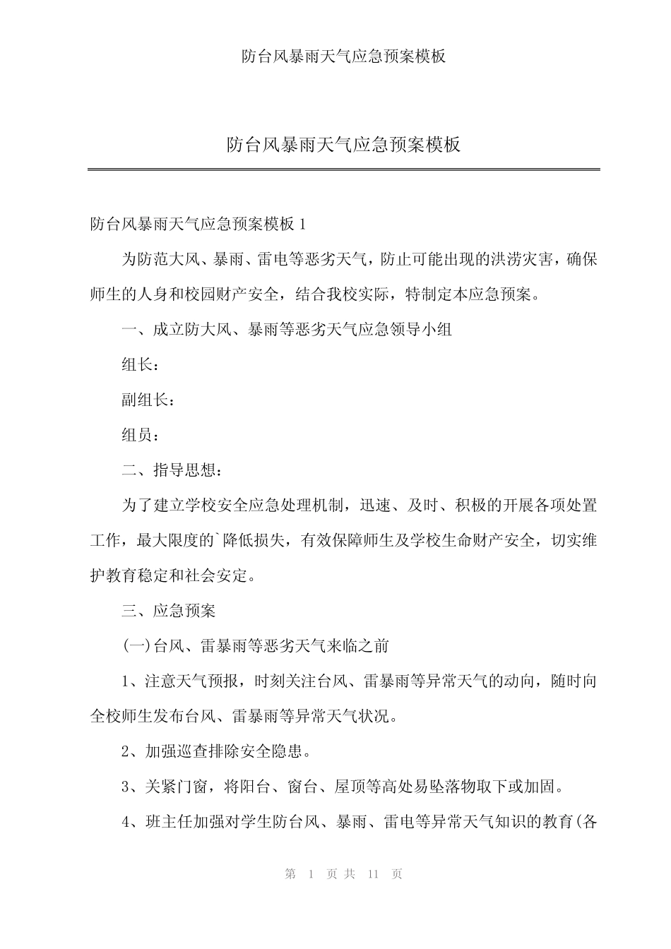 2024年防台风暴雨天气应急预案模板_第1页