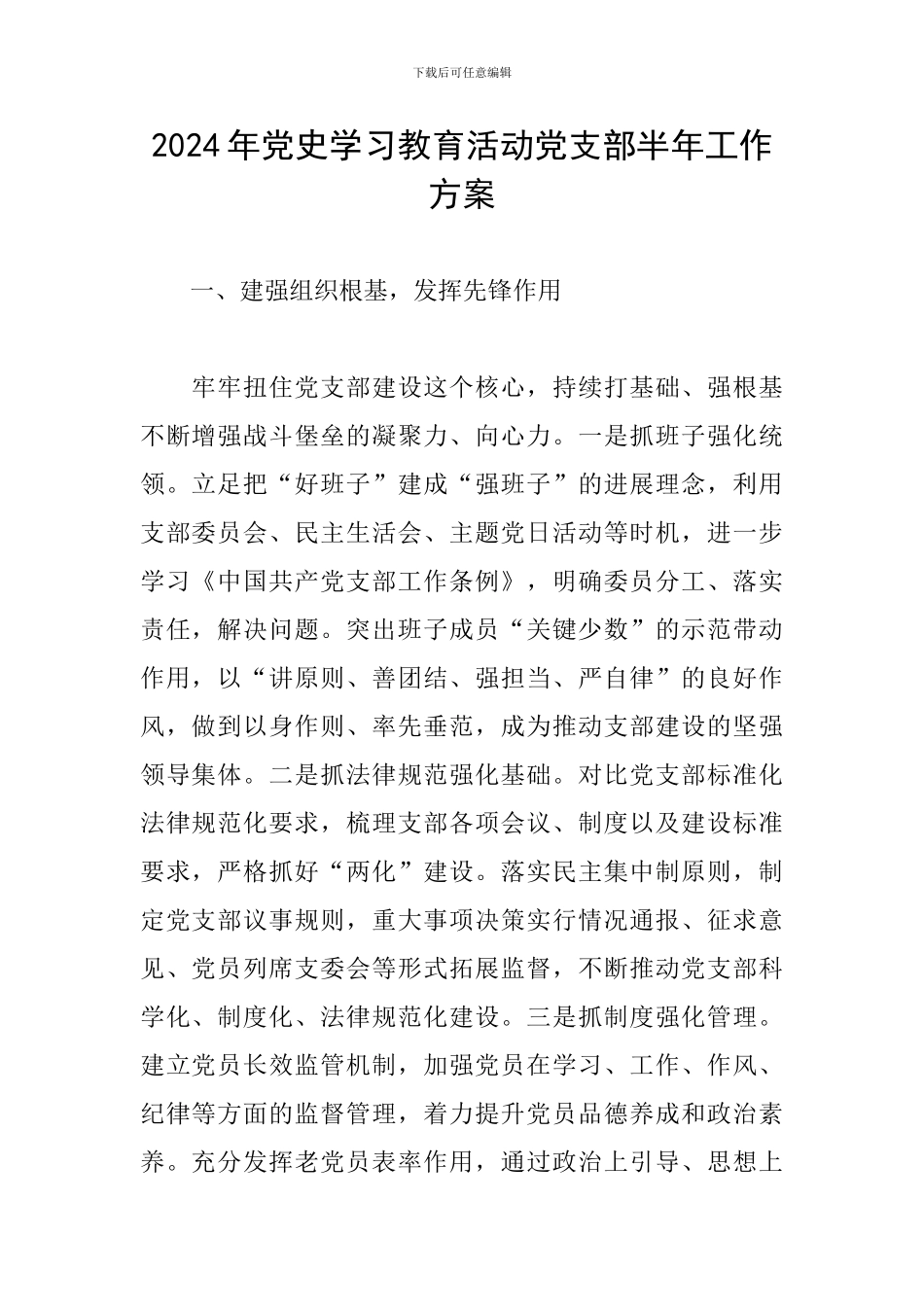 2024年党史学习教育活动党支部半年工作方案_第1页