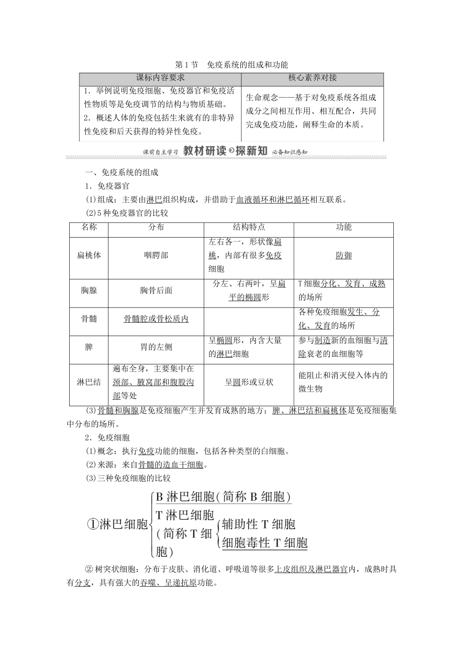 高中生物 第4章 免疫调节 第1节 免疫系统的组成和功能学案 新人教版选择性必修1-新人教版高中选择性必修1生物学案_第1页