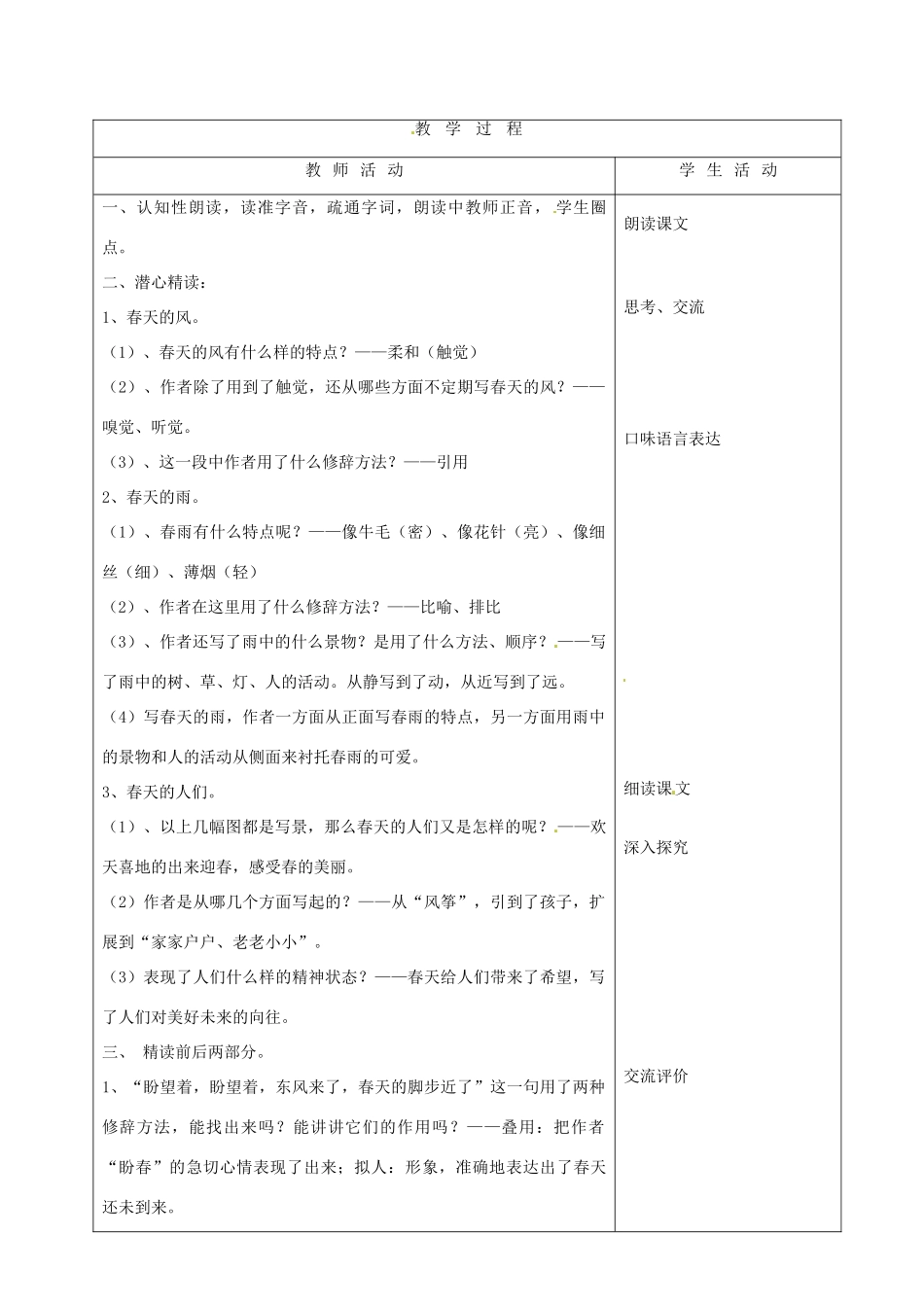 山东省烟台20中七年级语文 《春（第二课时）》教学设计_第2页