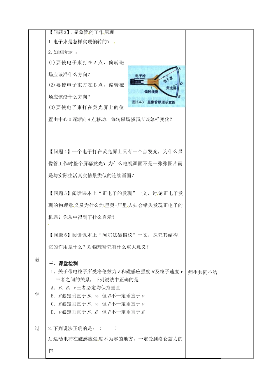 高中物理 第2章 磁场 2.4 磁场对运动电荷的作用（2）教案 新人教版选修1-1-新人教版高二选修1-1物理教案_第2页
