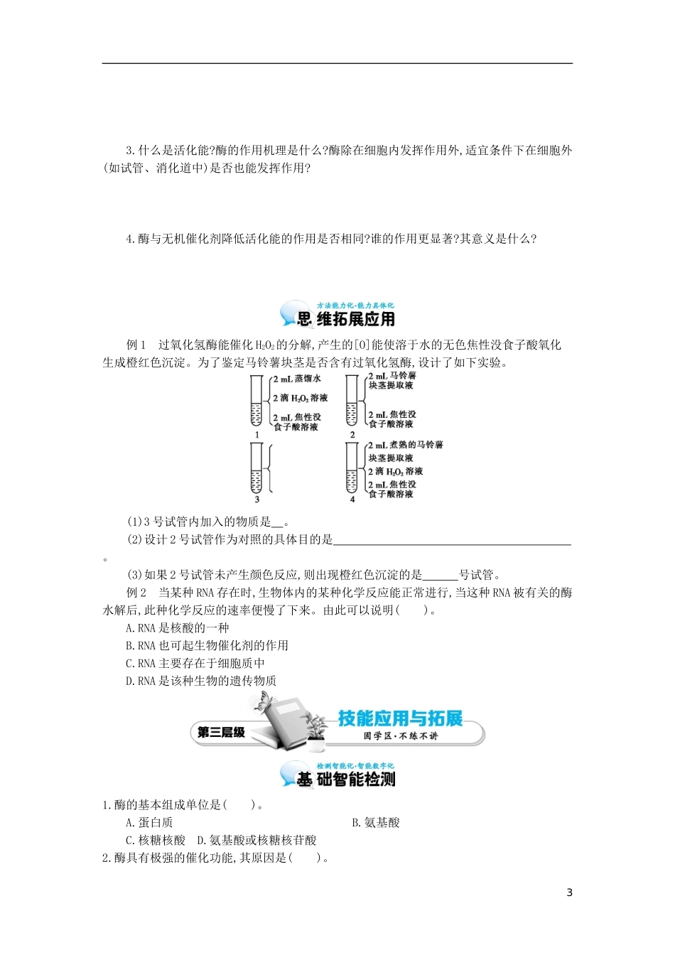 高中生物 第5章 第1节 降低化学反应活化能的酶（一）导学案 新人教版必修1-新人教版高一必修1生物学案_第3页