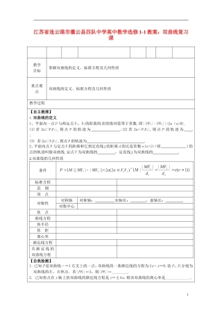 江苏省连云港市灌云县四队中学高中数学 双曲线复习课教案 苏教版选修1-1