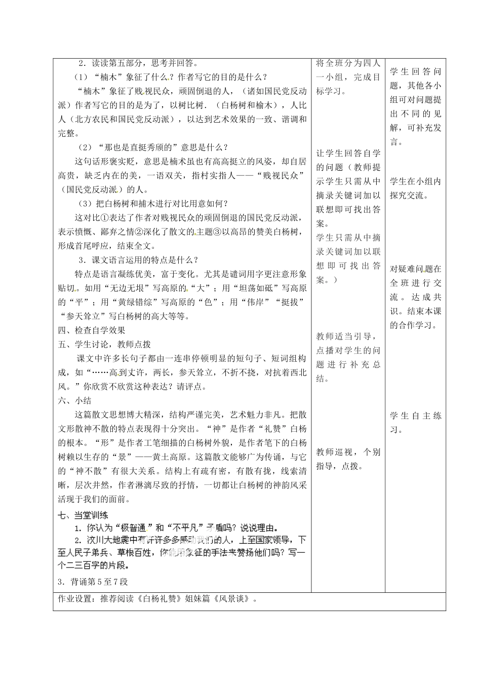 甘肃省酒泉市瓜州二中九年级语文下册 第三单元 5《白杨礼赞》第三课时教案 北师大版_第3页