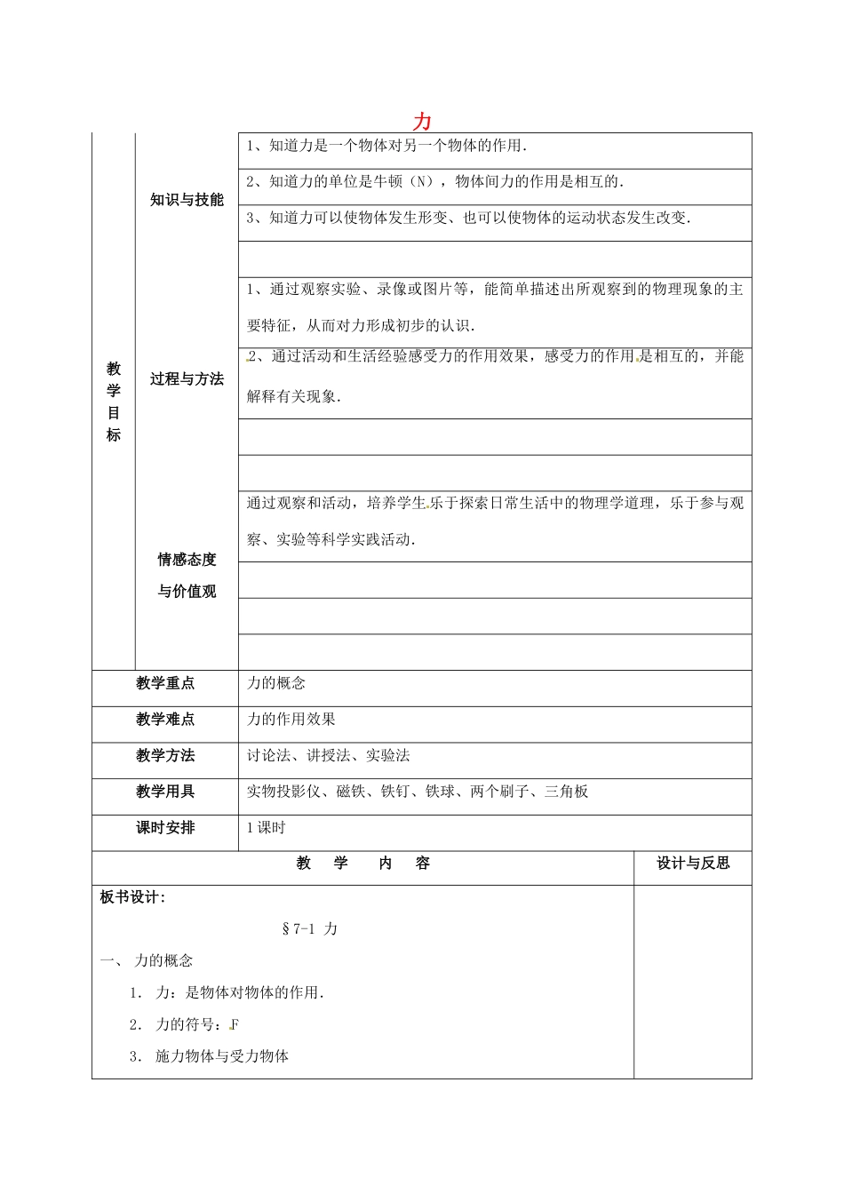 福建省厦门市集美区灌口中学八年级物理全册 第六章 熟悉而陌生的力 第一节《力》教案 （新版）沪科版_第1页