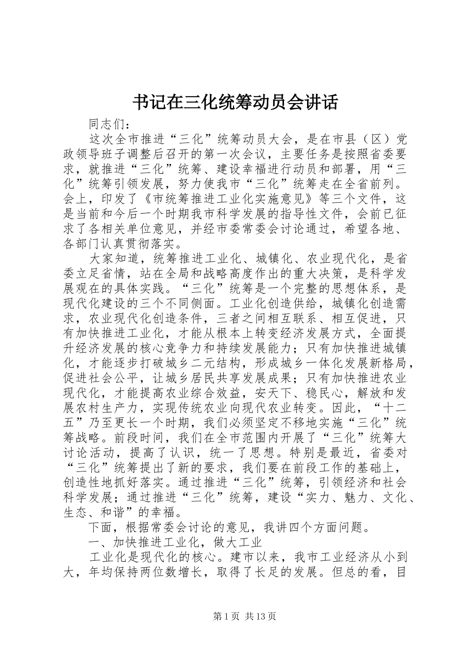 书记在三化统筹动员会讲话发言_第1页