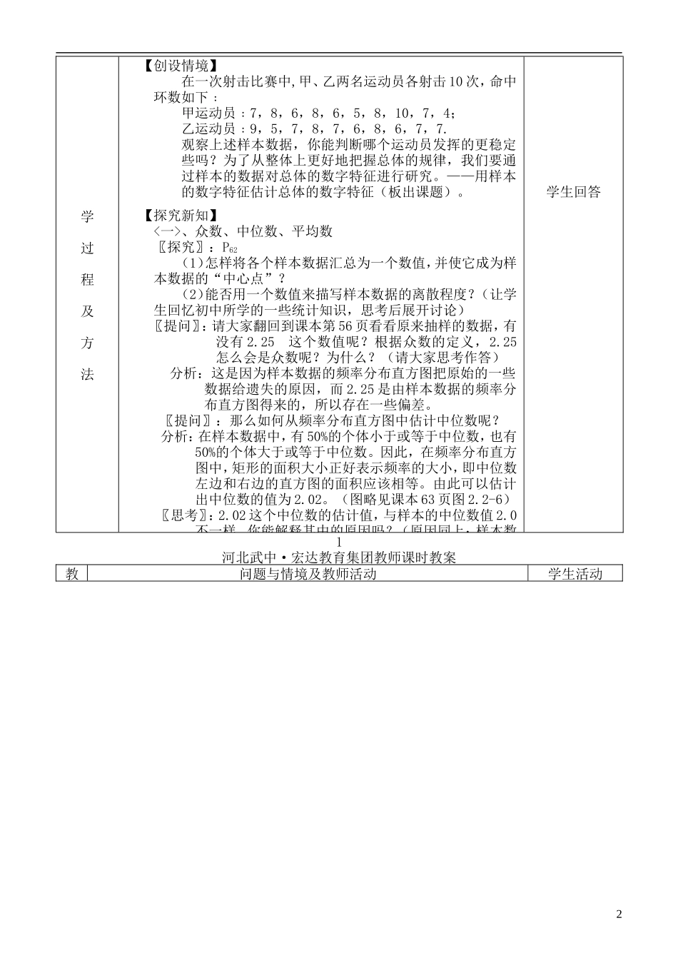 河北省武邑中学高中数学 用样本的数字特征估计总体的数字特征教案 新人教A版必修3_第2页