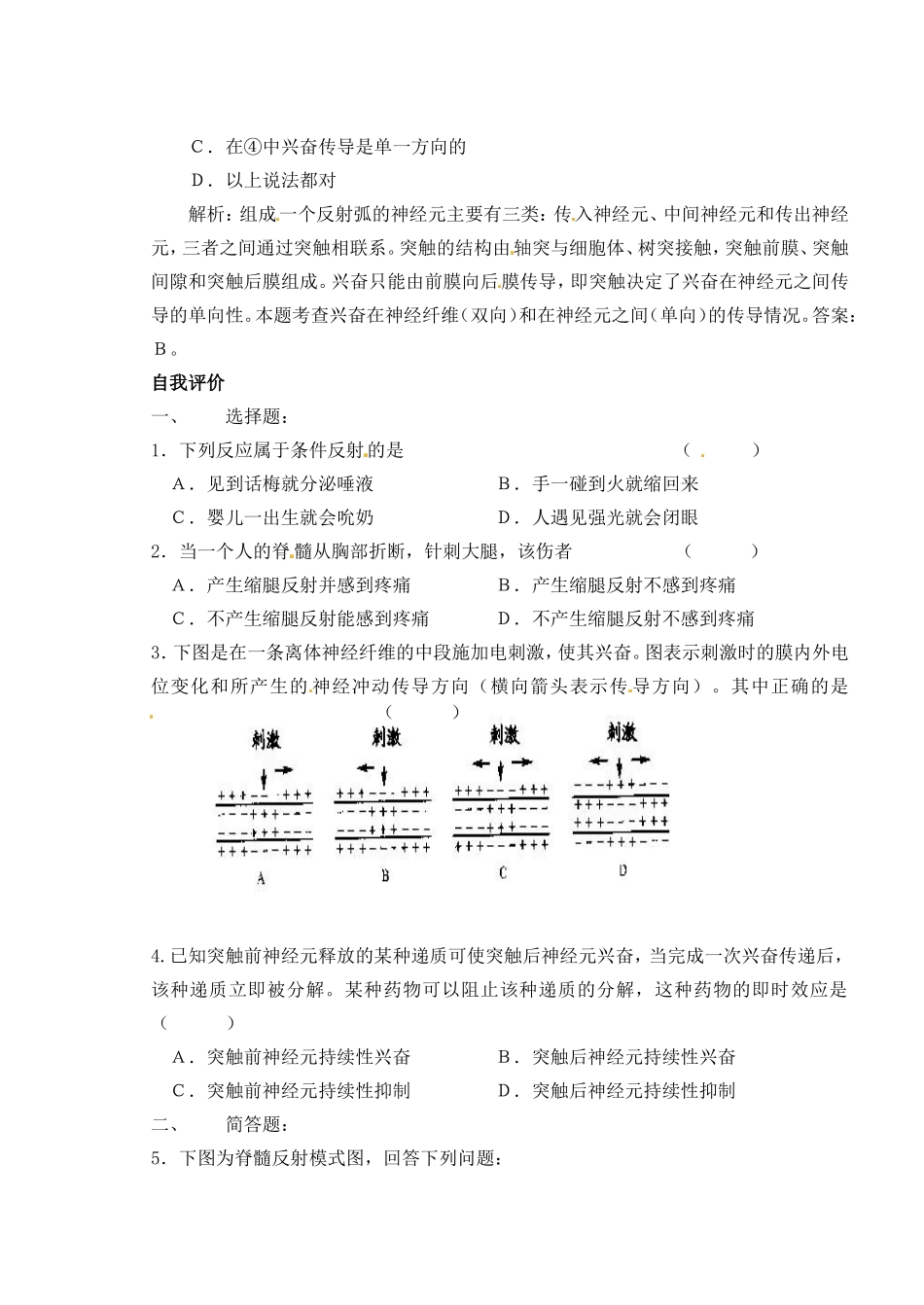 高考生物 第四章 第二节 人和高等动物生命活动的调节 神经调节细胞核学案-人教版高三全册生物学案_第2页
