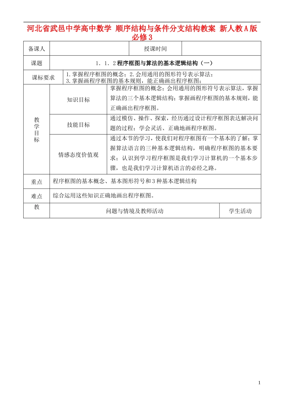 河北省武邑中学高中数学 顺序结构与条件分支结构教案 新人教A版必修3_第1页