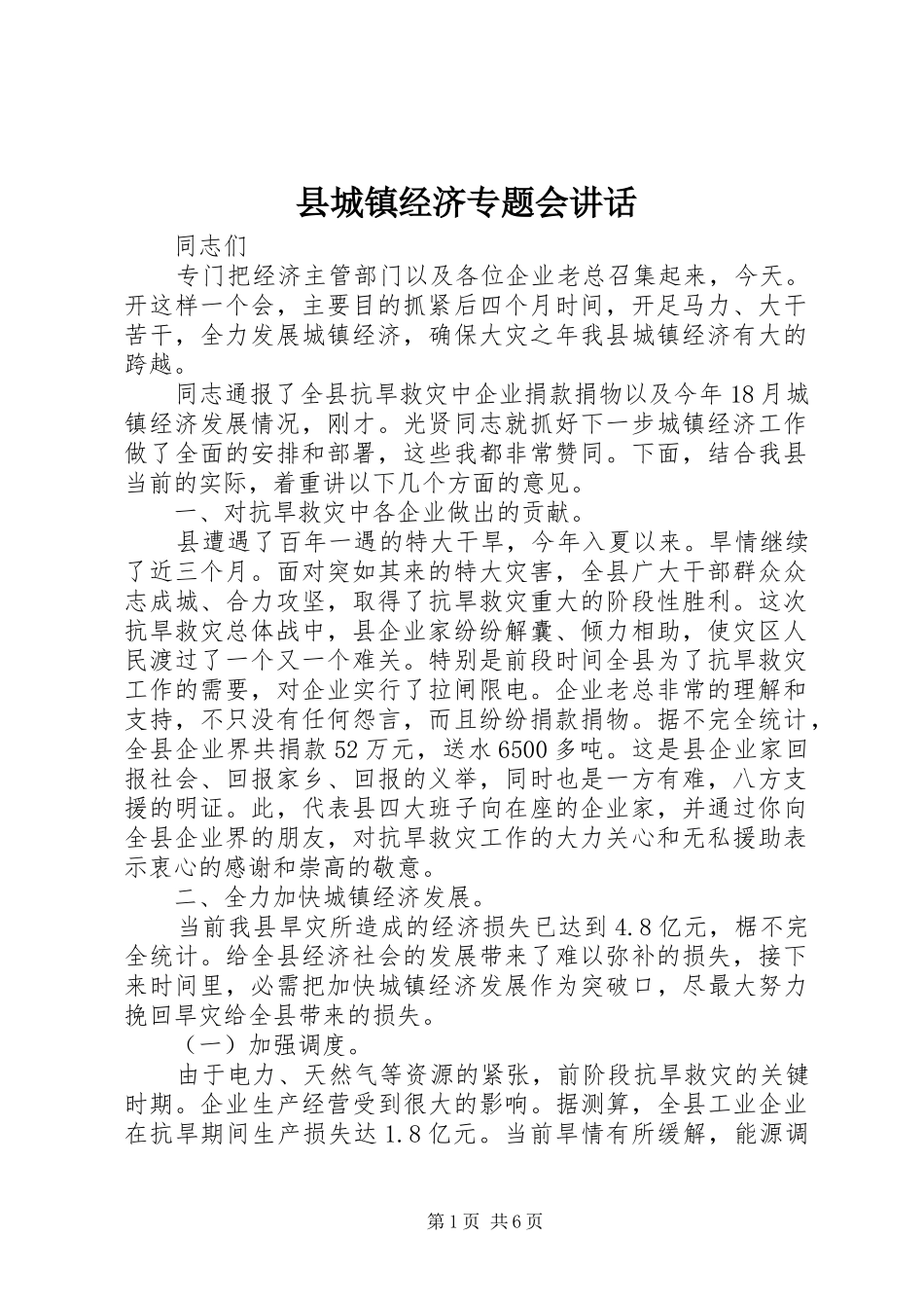县城镇经济专题会讲话发言_第1页