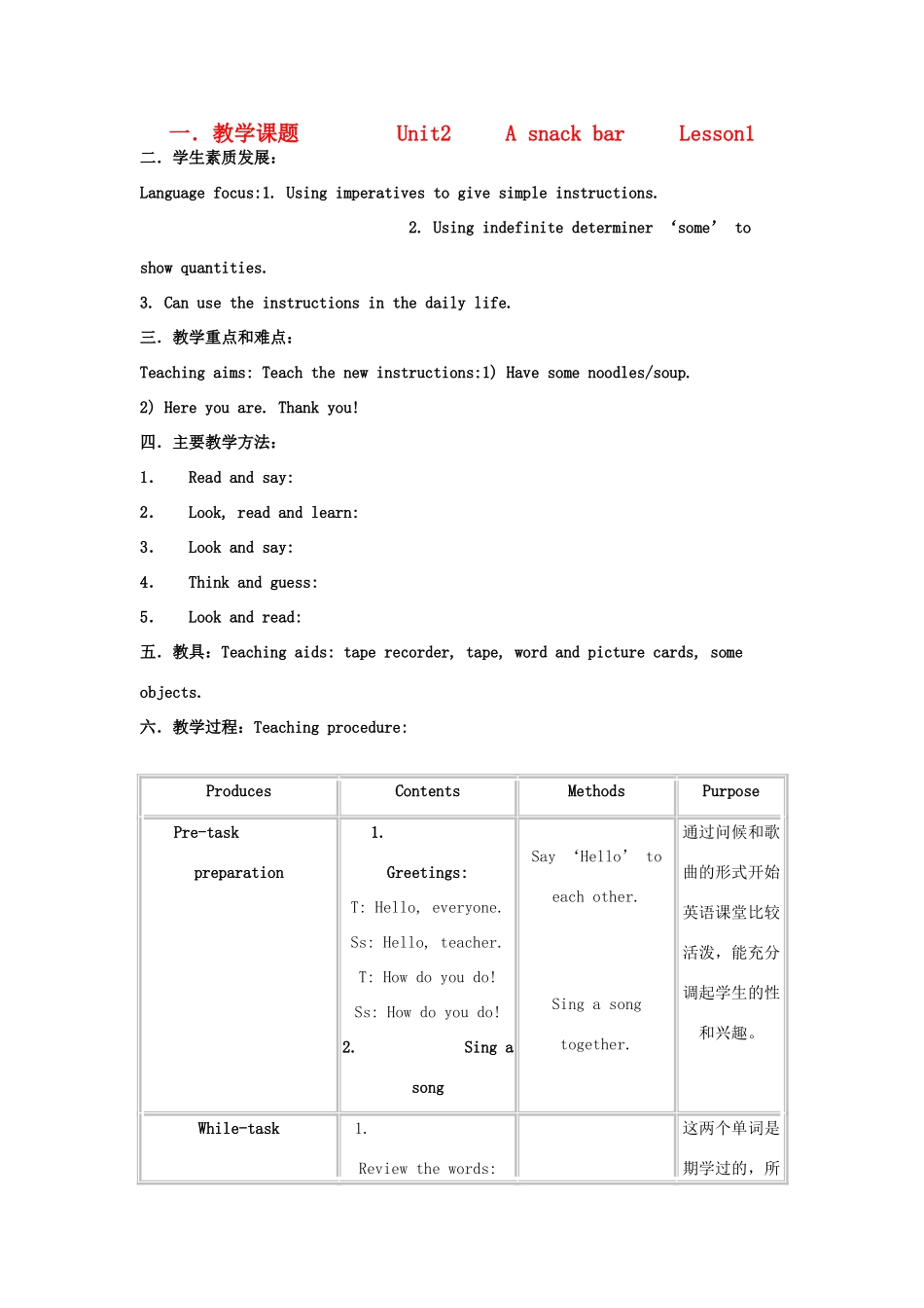 二年级英语上册 Unit2 A snack bar教案 沪教版_第1页