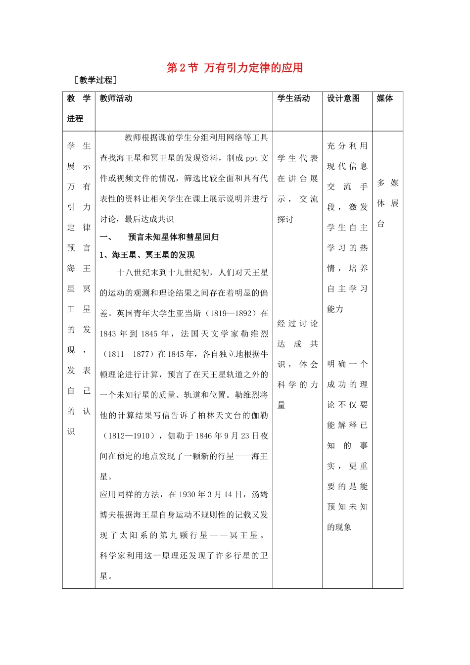 高中物理 第三章 万有引力定律及其应用 第2节 万有引力定律的应用教案1 粤教版必修2-粤教版高一必修2物理教案_第1页