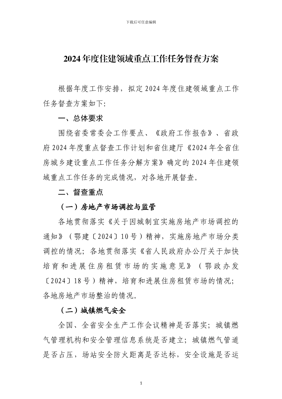 2024年度住建领域重点工作任务督查方案_第1页