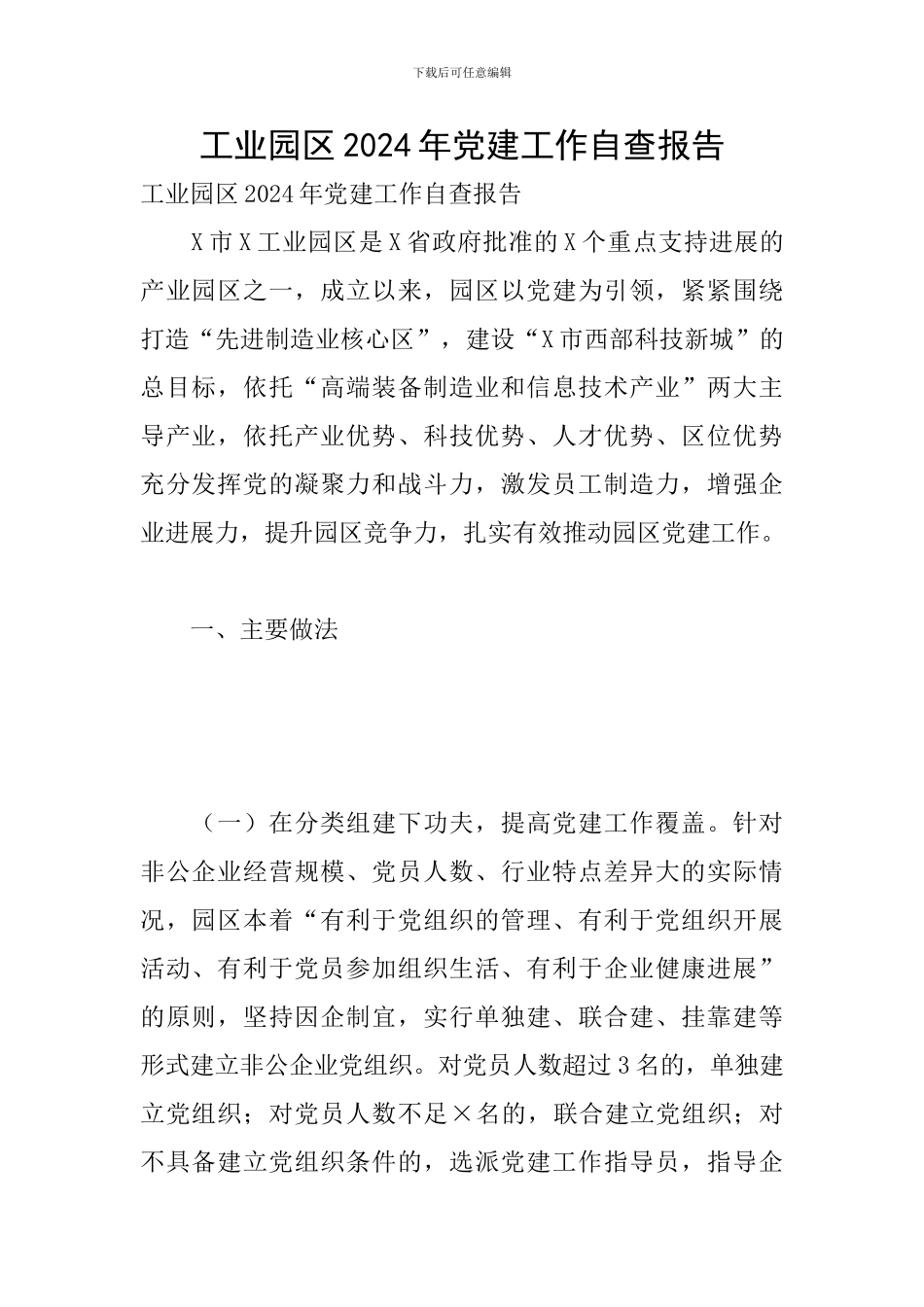 工业园区2024年党建工作自查报告_第1页