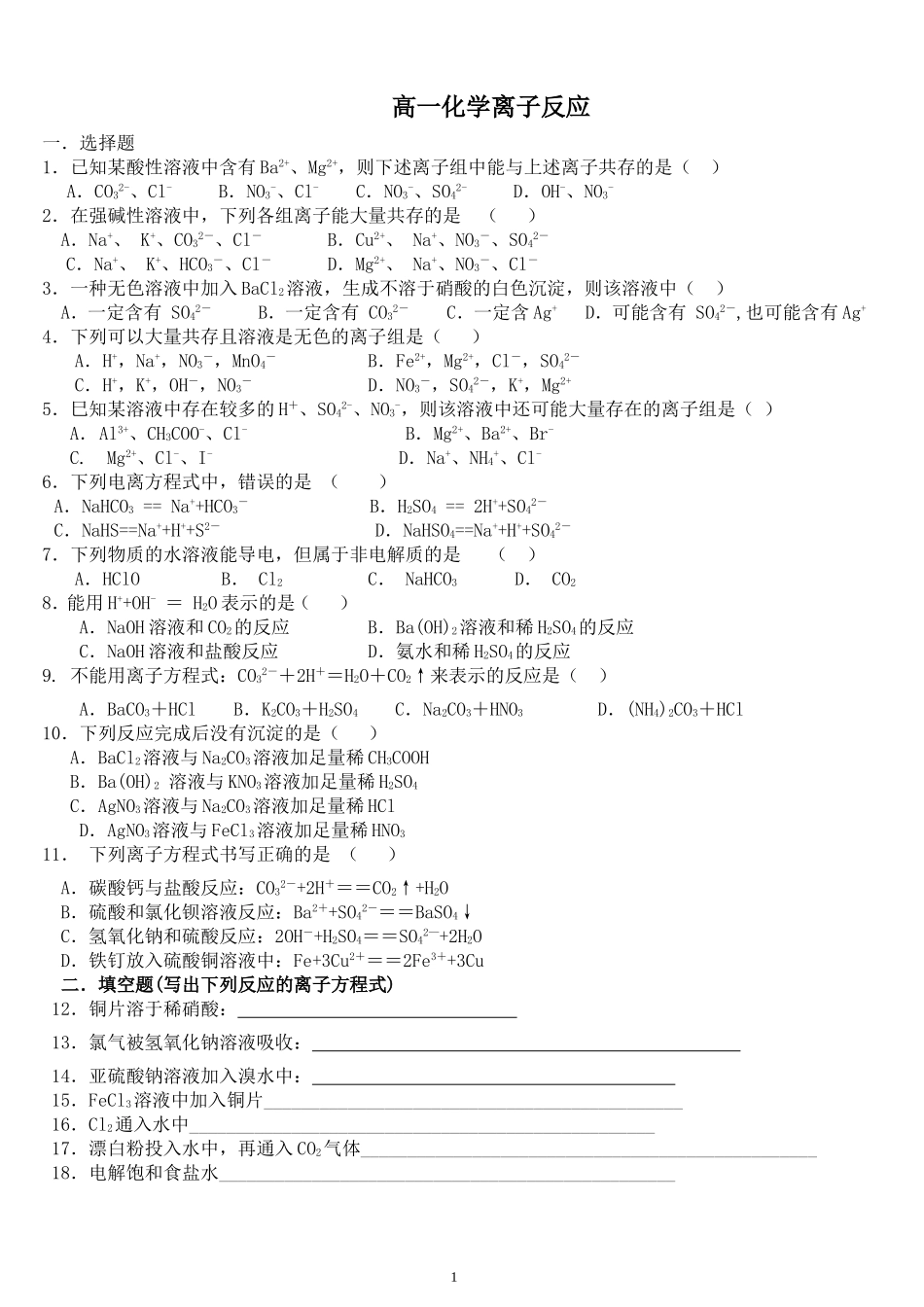 高一化学离子反应_第1页