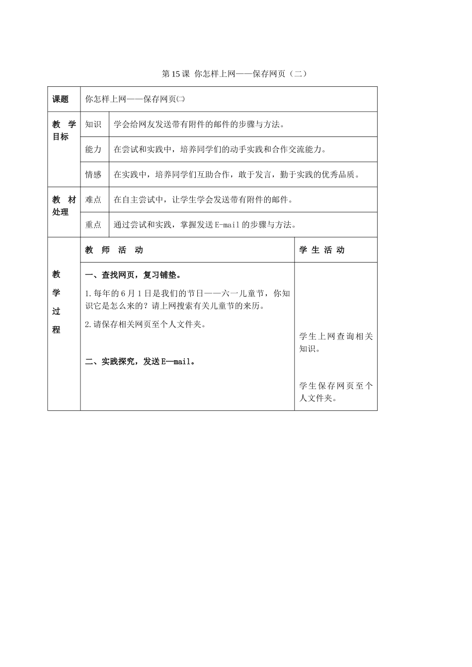 二年级信息技术上册 第15课 你怎样上网——保存网页 1 第二课时教案 河大版_第1页