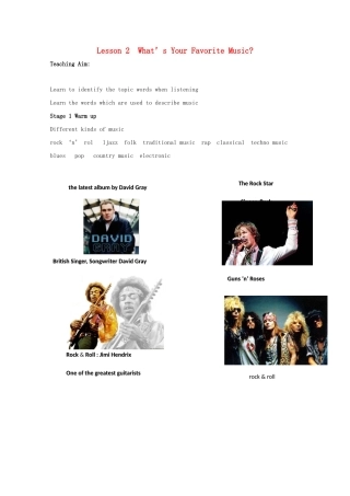 2012高中英语 Unit18 lesson2 what is your favourite music精品教案 北师大版选修6