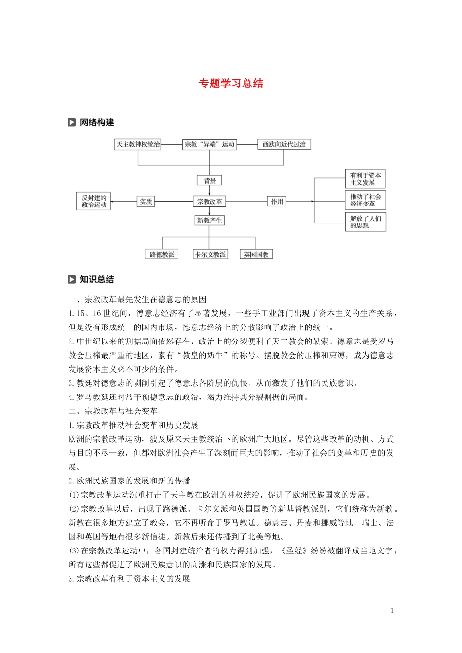 高中历史 专题五 欧洲宗教改革专题学习总结讲义 人民版选修1-人民版高二选修1历史教案_第1页