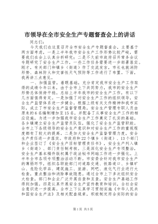 市领导在全市安全生产专题督查会上的讲话发言