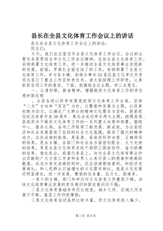 县长在全县文化体育工作会议上的讲话发言