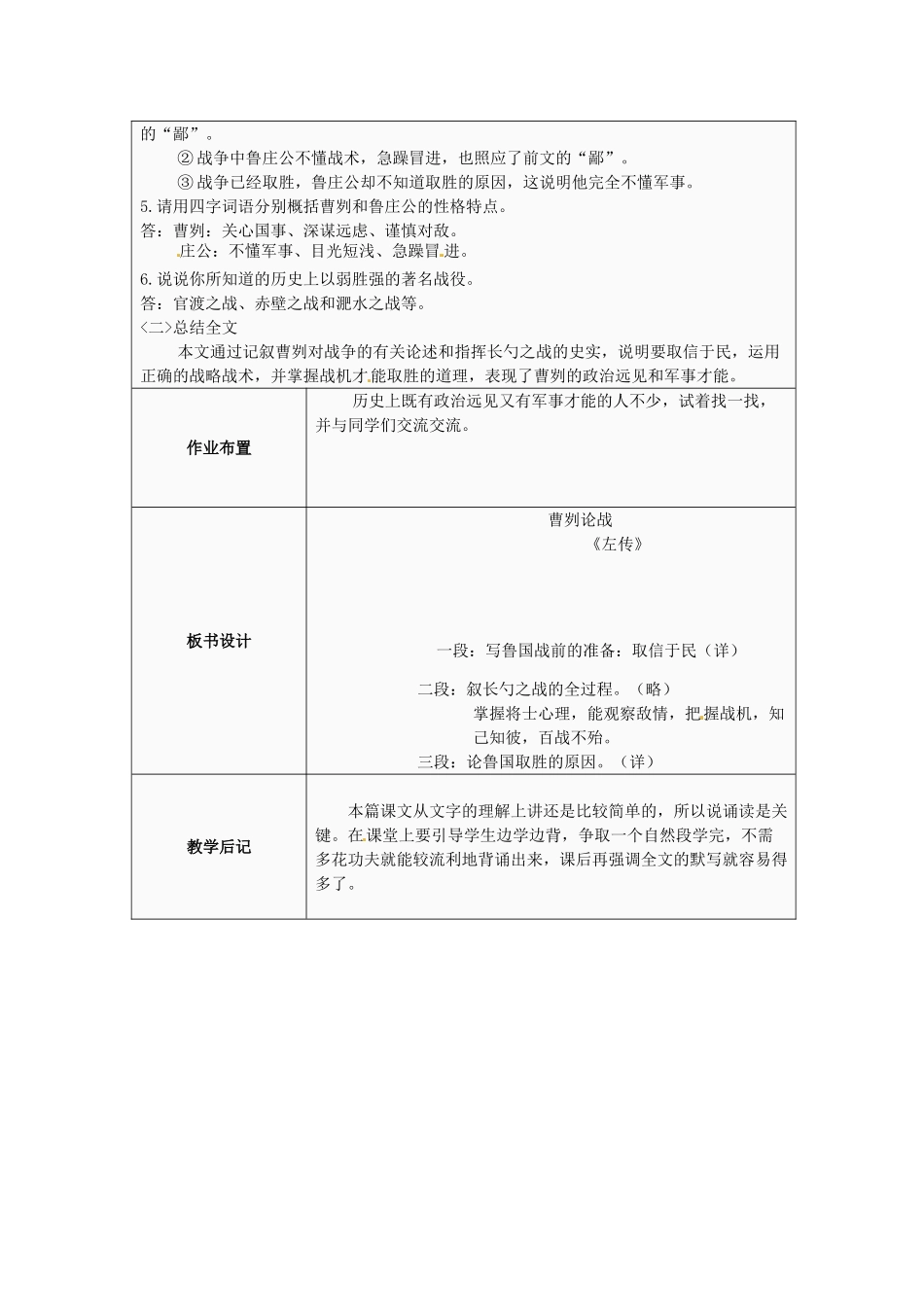 江苏省太仓市第二中学九年级语文下册 13 曹刿论战（第3课时）教案 苏教版_第2页