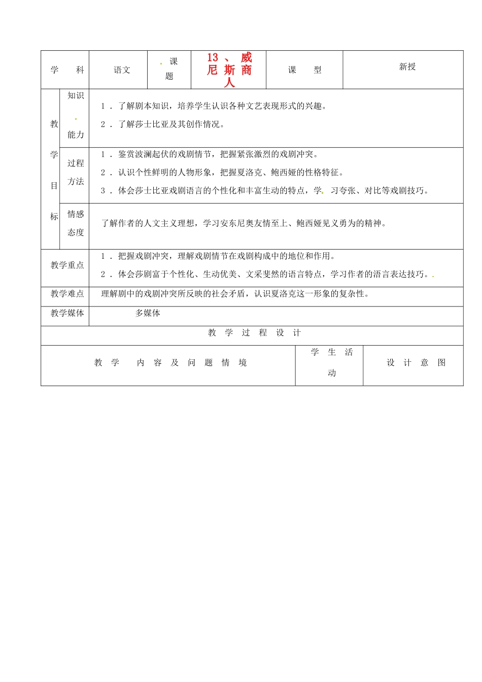 天津市小王庄中学九年级语文下册 13.威尼斯商人教案 新人教版_第1页