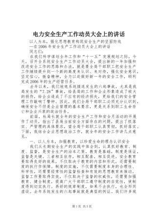 电力安全生产工作动员大会上的讲话发言