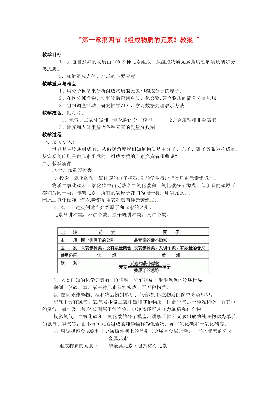 浙江省桐庐县富春江初级中学八年级科学下册 第一章第四节《组成物质的元素》教案  浙教版_第1页