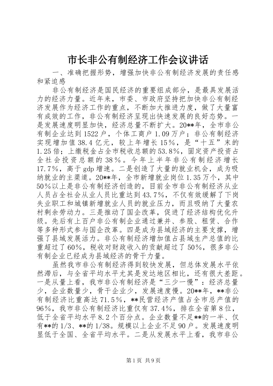 市长非公有制经济工作会议讲话发言_第1页