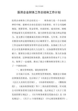 医药企业财务工作总结和工作计划