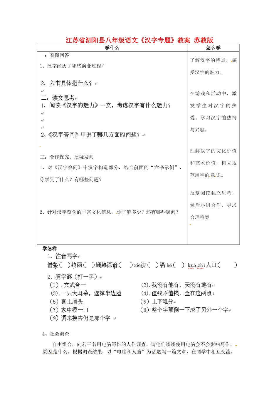 江苏省泗阳县八年级语文《汉字专题》教案 苏教版_第1页