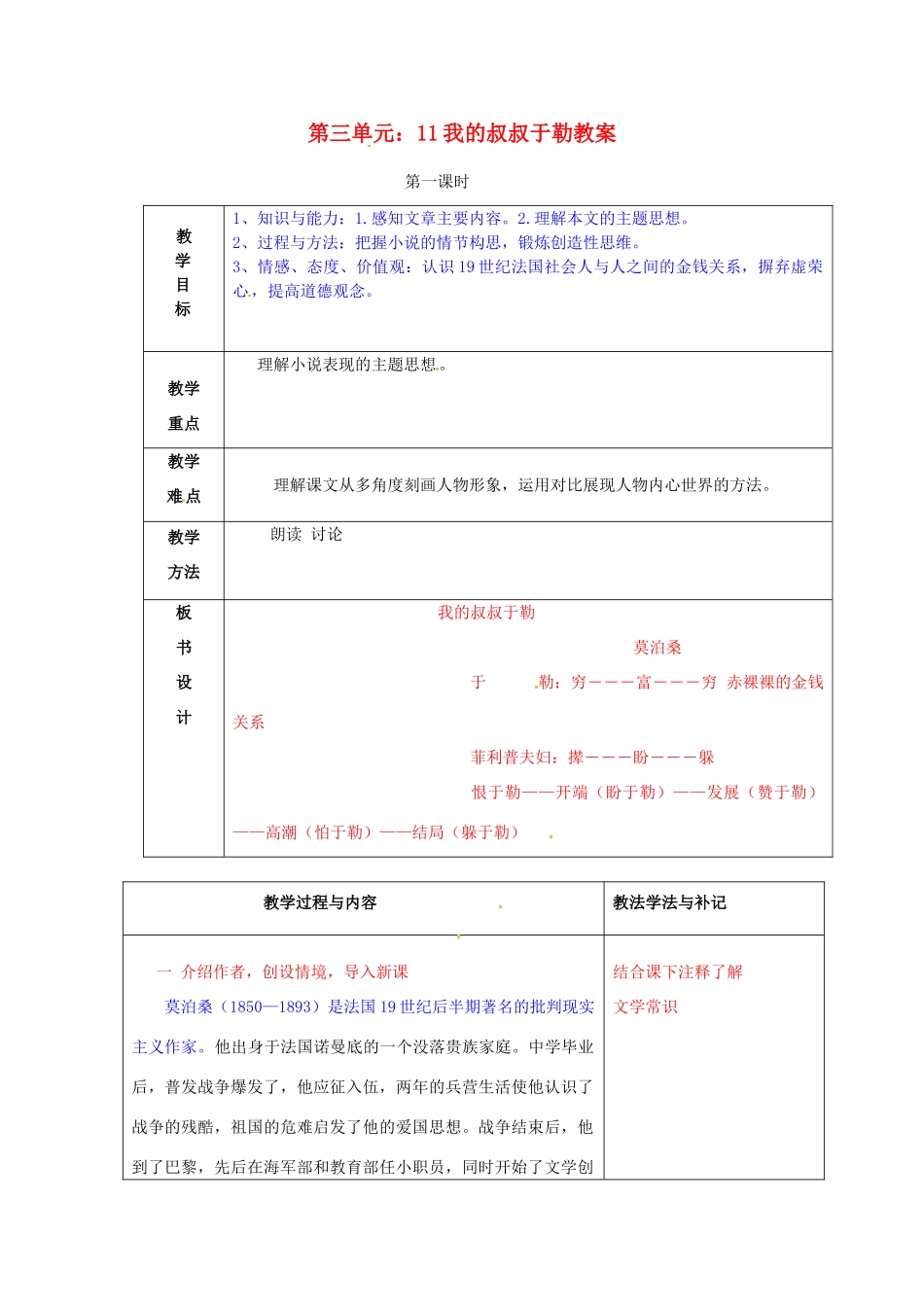 山东省临沂市费城镇初级中学九年级语文上册 第三单元 11我的叔叔于勒教案 新人教版_第1页