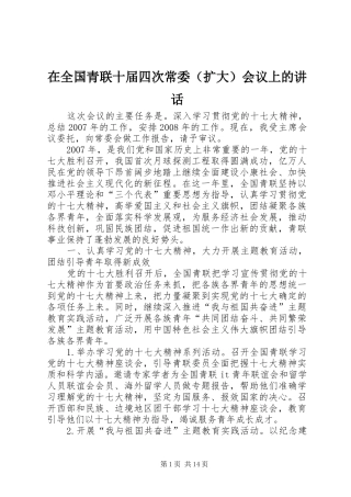在全国青联十届四次常委（扩大）会议上的讲话发言