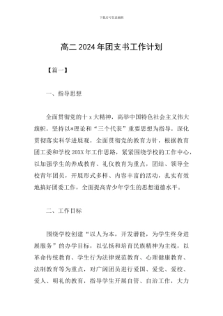 高二2024年团支书工作计划