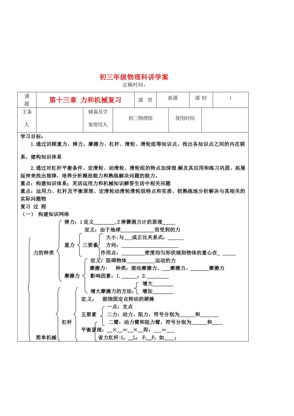 辽宁省普兰店二十七中九年级物理《第十三章力和机械》复习教案_第1页