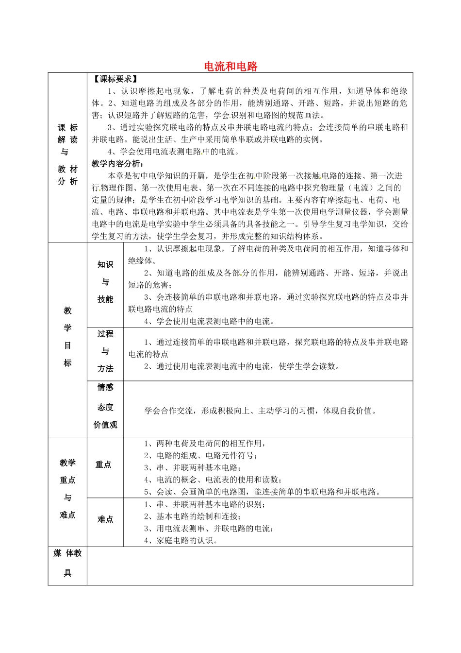甘肃省武威第十一中学九年级物理全册 第十五章 第2节 电流和电路教案1 （新版）新人教版_第1页