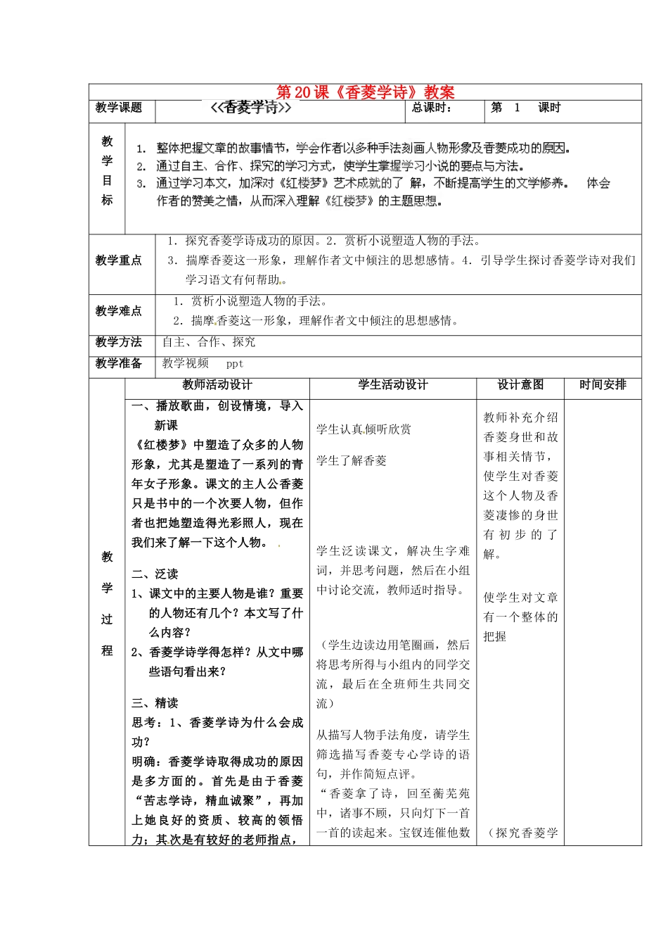 北京市顺义区大孙各庄中学九年级语文上册 第20课《香菱学诗》教案 新人教版_第2页