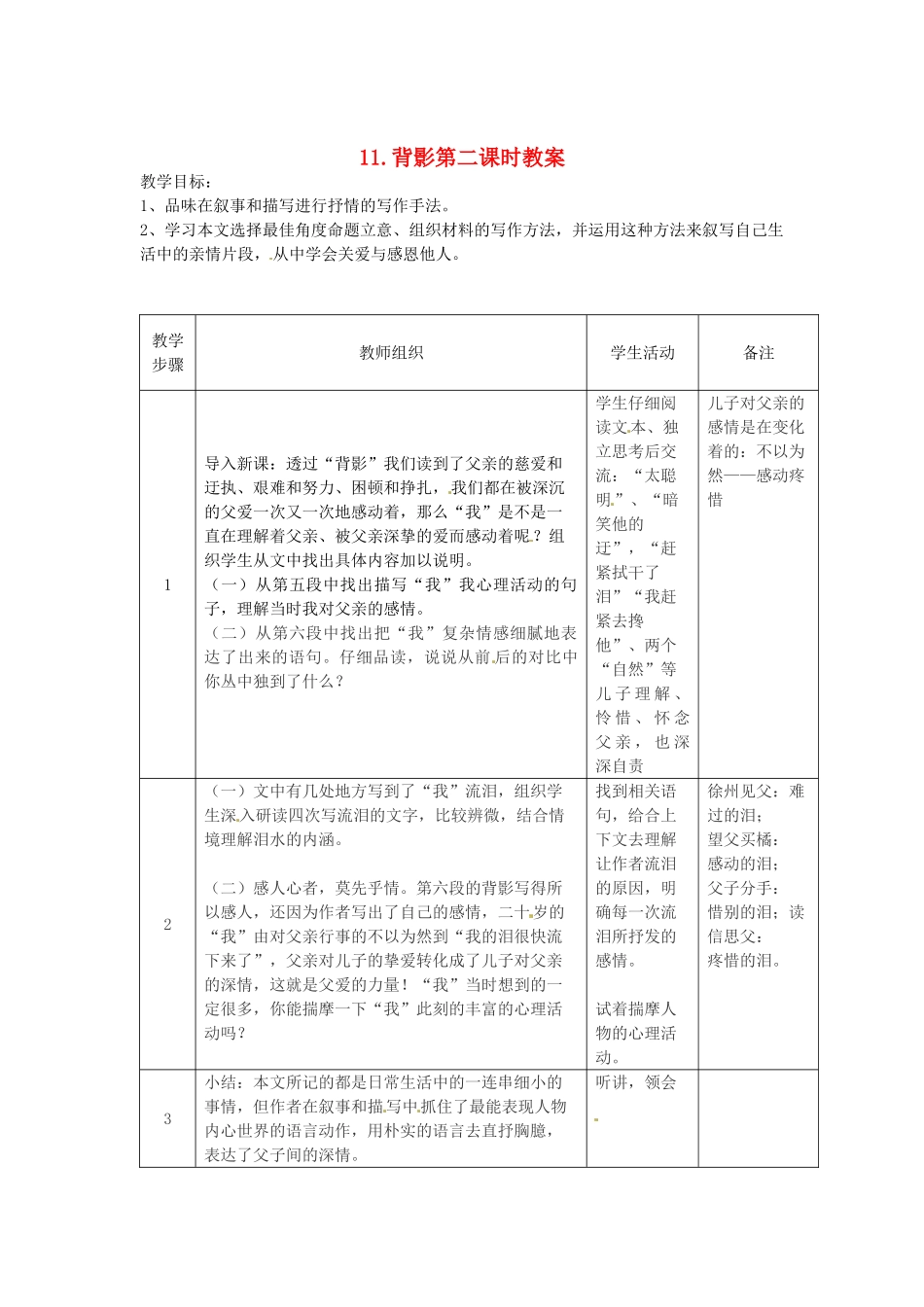 江苏省常州市花园中学八年级语文上册 11.背影第二课时教案 苏教版_第1页