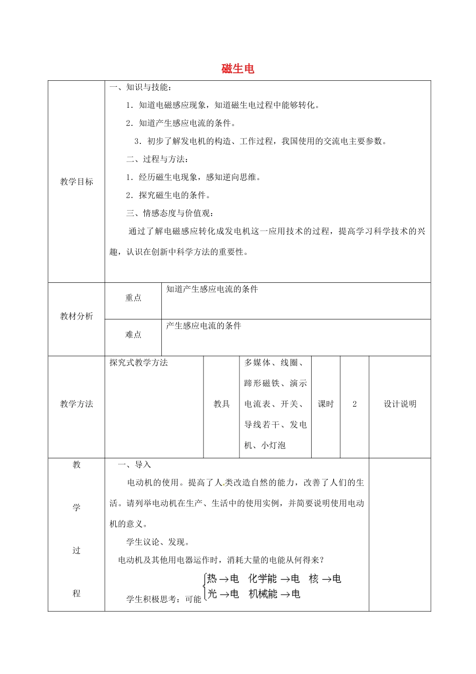 福建省东侨经济开发区中学九年物理全册《磁生电》教案 （新版）新人教版_第1页