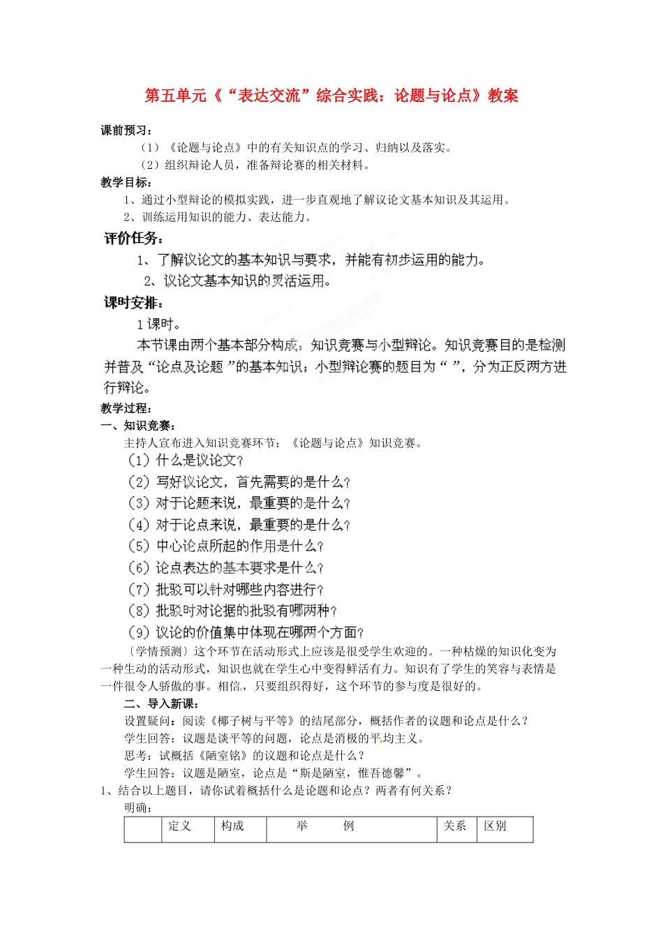 山东省枣庄市峄城区吴林街道中学九年级语文下册 第五单元《“表达交流”综合实践 论题与论点》教案 北师大版_第1页
