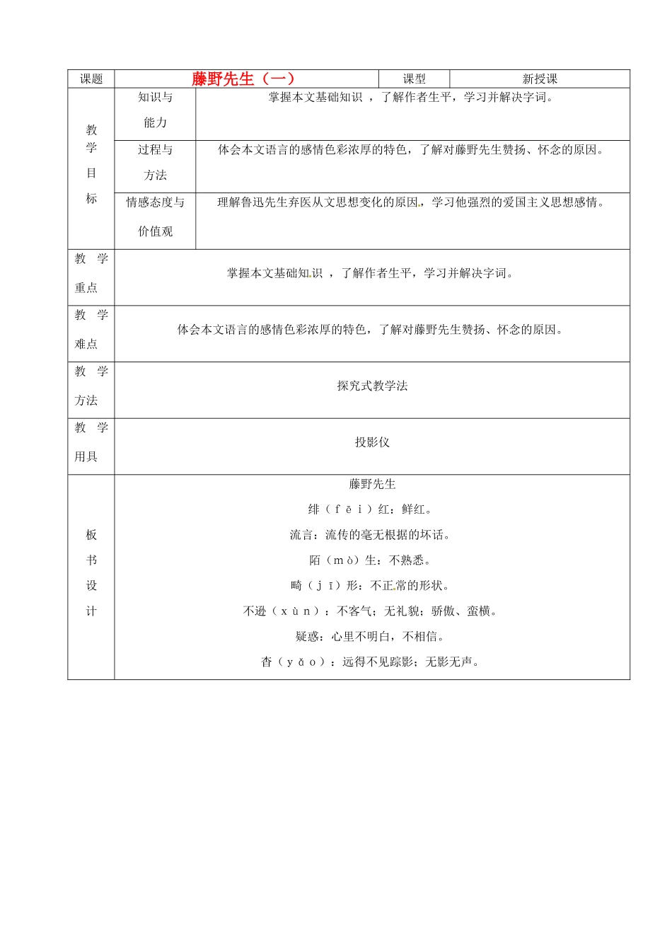 山东省烟台20中八年级语文下册 《藤野先生》（一）教学设计_第1页
