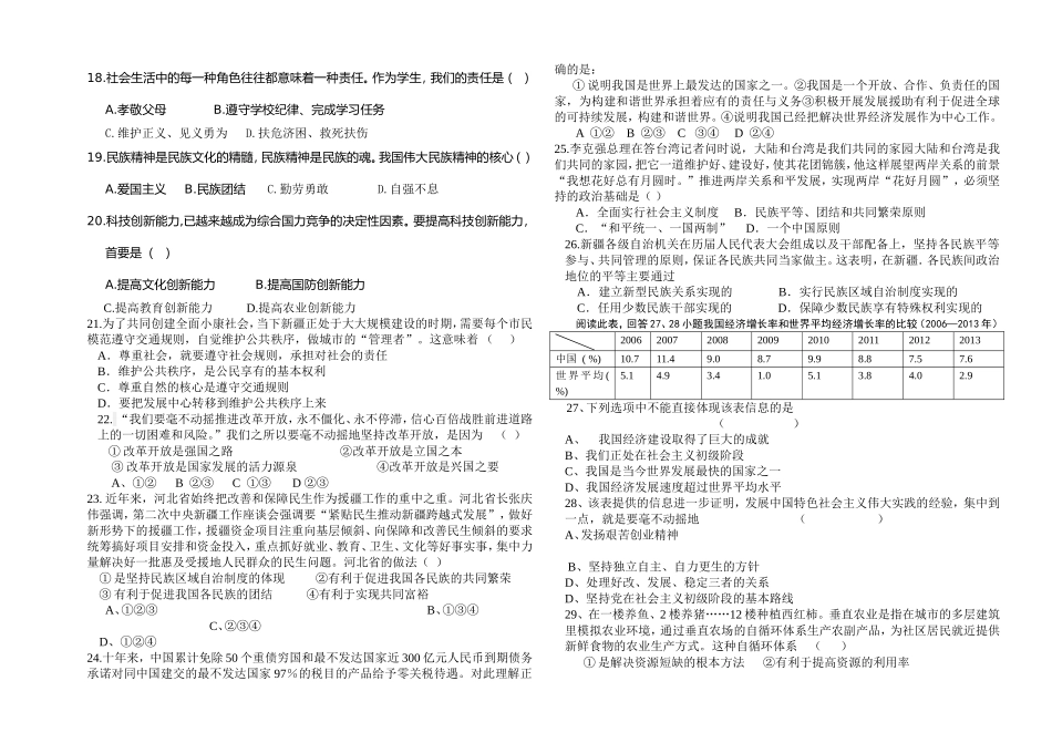 2014-2015九年级上思想品德期末考卷_第2页
