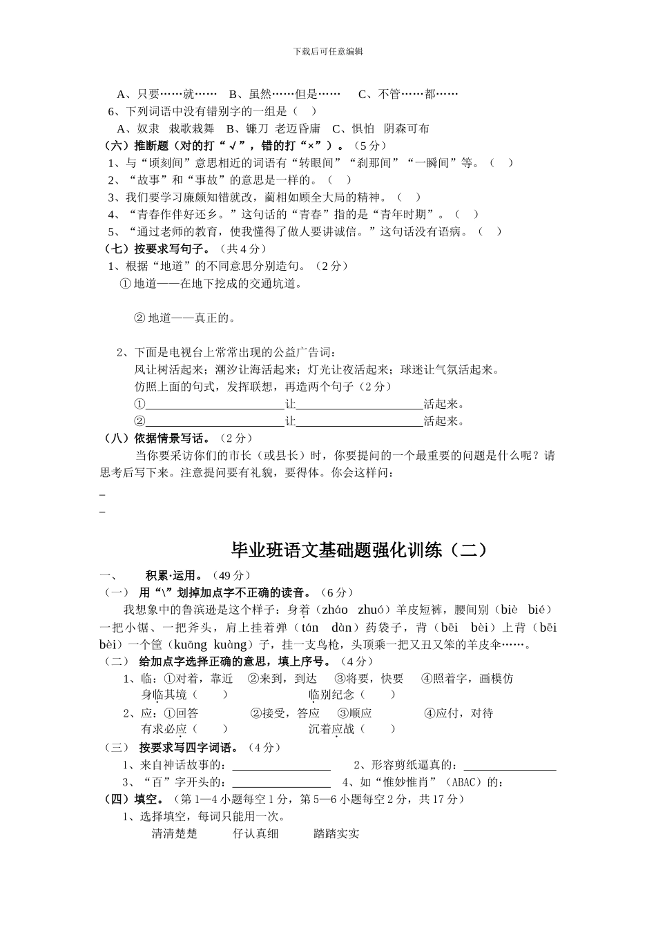 苏教版语文六年级下册毕业班语文基础题强化训练题汇总_第2页