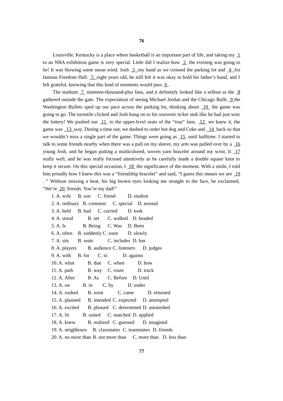 高中完形填空专项训练100题(4)附答案_第1页