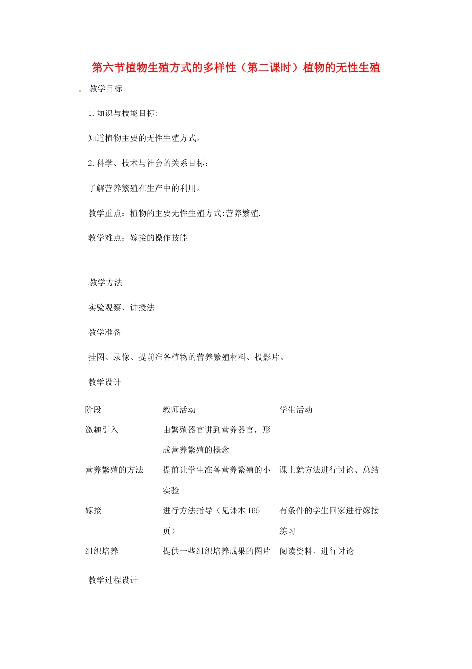 浙江省瑞安市安阳镇上望一中七年级科学下册《3.6 植物生殖方式的多样性》教案（2） 浙教版_第1页