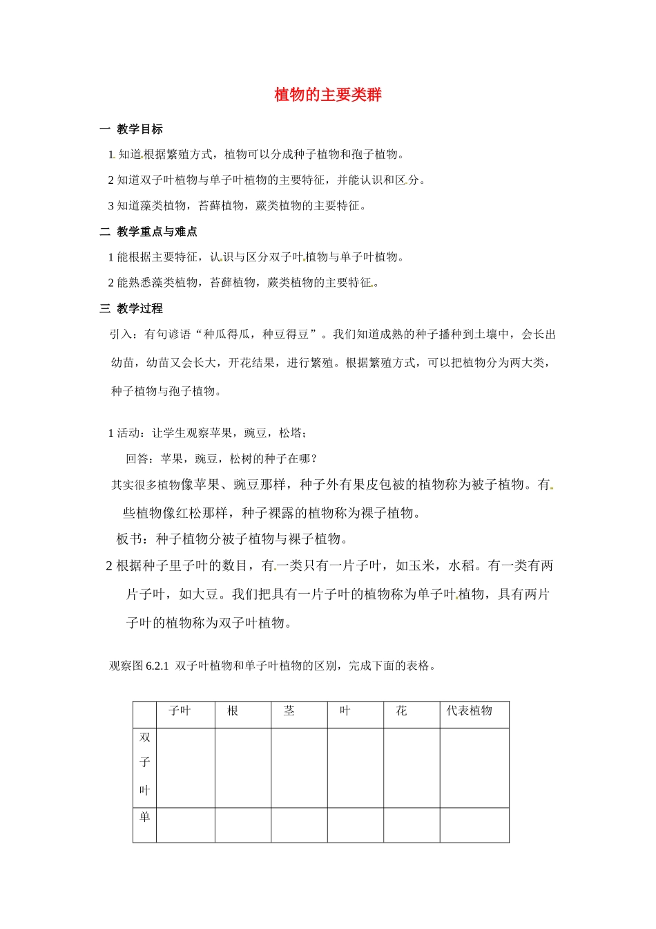 科学：第六章第2节植物的主要类群教案（华东师大版七年级上）_第1页