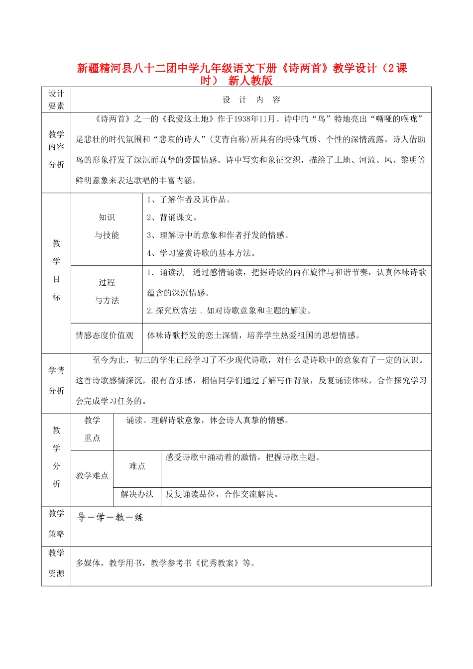 新疆精河县八十二团中学九年级语文下册《诗两首》教学设计 新人教版_第1页
