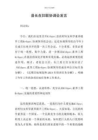 县长在妇联协调会发言